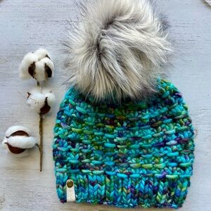 Hand Knit Chunky Beanie - Faux Fur Pom - Malabrigo Rasta Yarn